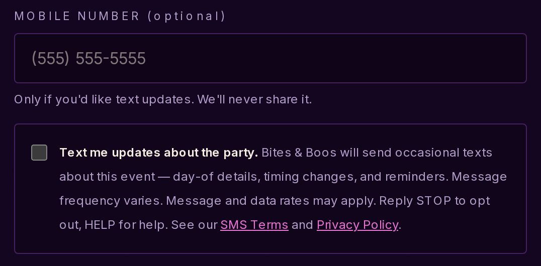 The RSVP form's optional mobile number field and the unchecked SMS consent checkbox, showing the consent wording quoted above.